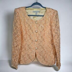 VTG Nancy Neil Women's Beaded Lace Jacket Size 14 Peach Formal Evening Outerwear
